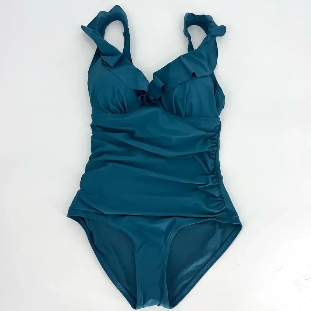 DKNY Ruffled One-Piece Tummy Control Swimsuit Teal XS - Picture 3 of 9